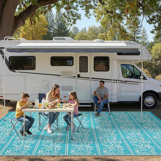 Garvee Outdoor Rugs 9x18 Waterproof Reversible Mat Boho Leaf Patio Rug with 4 Stakes and Starage Bag, Large Outdoor RV Mat Rugs for Camping, Picnic, Balcony, Deck, Backyard, Teal & White