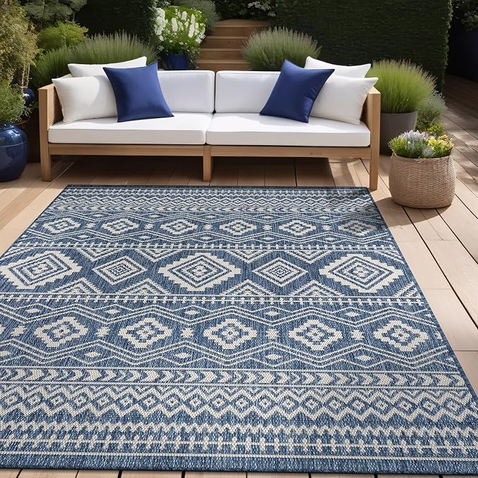 Beverly Rug Waikiki Boho Indoor Outdoor Rug 5x7, Washable Outside Carpet for Patio, Deck, Porch, Bohemian Area Rug, Farmhouse Rugs, Aztec Tribal Rug, Azure and White