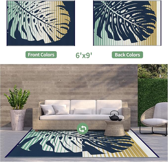 GENIMO Outdoor Rug 6' x 9' Waterproof for Patio Clearance, Reversible Plastic Straw Camping Mat, Lightweight Carpet for Rv, Camper, Deck, Porch, Picnic, Balcony, Beach,Yellow & Blue Blend