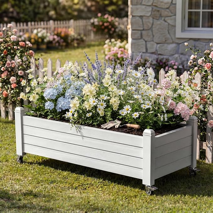 Vixzen Mobile Raised Garden Bed with Lockable Wheels, Resin Outdoor Planter Box with Drainage for Vegetables, Flowers, Herbs in Patio, Yard, Balcony (Gray, 43.31 * 17.72 * 17.56)