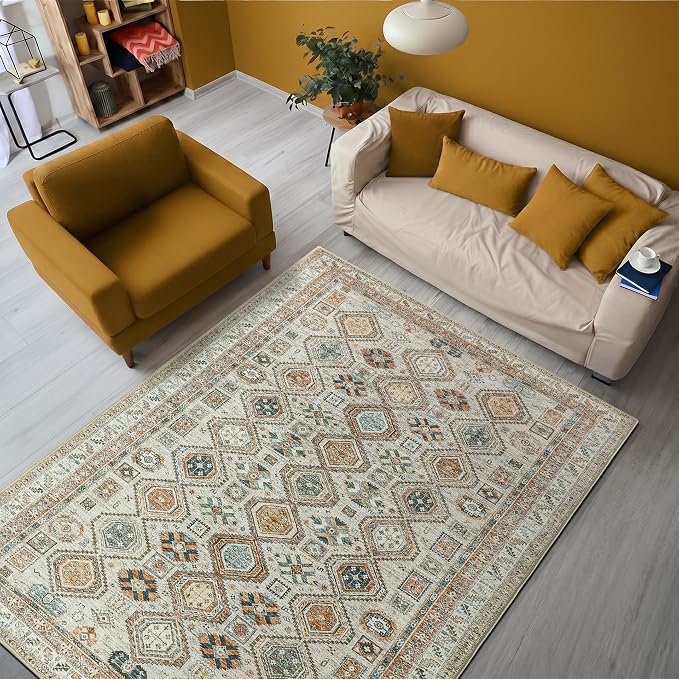 Keen Home Design Vintage Washable Area Rug, Non-Slip Low Pile, 5x7 | Machine Washable Cotton Chenille, 0.25In Low Pile, Rubber Non-Slip Back; Living Room, Bedroom, Dining Room, Office