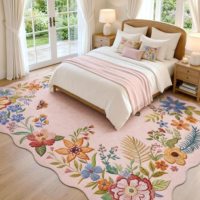 FMFUNCTEX 6x9 Washable Blush Pink Floral Scalloped Area Rug for Living Room | Vintage Flower Colorful Traditional Boho Distressed Soft Non Slip Low Pile Large Pattern Indoor Carpet Dining Bedroom Nursery