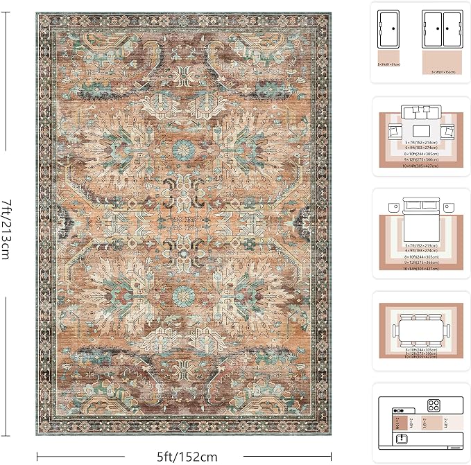 5x7 Area Rugs, Vintage Retro Soft Washable Rug, Non-Slip Low Pile Rugs for Living Room, Bedroom, Dining Room, Stain Resistant Home Decor Rug (Vintage Orange/Brick)