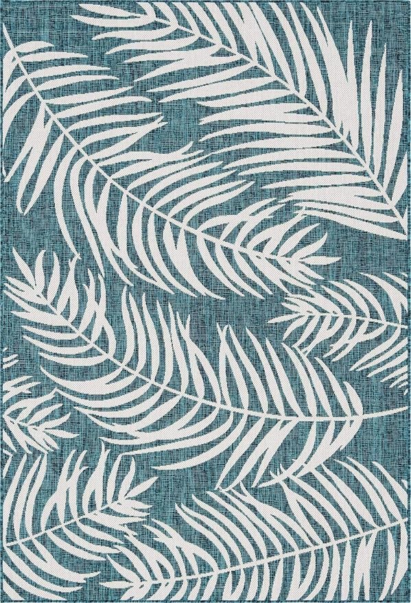 Unique Loom Outdoor Botanical Collection Area Rug - Palm (6' 1" x 9' Rectangle, Teal/ Ivory)