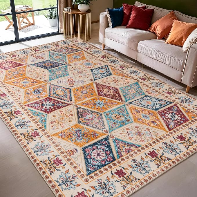 Moroccan Boho Floral Geometric Patchwork Washable 6x9 Large Area Rug | Vintage Distressed Non Slip Throw Carpet for Bedroom Livingroom Kitchen Hallway Entryway Office Dining Room Docer, Cream