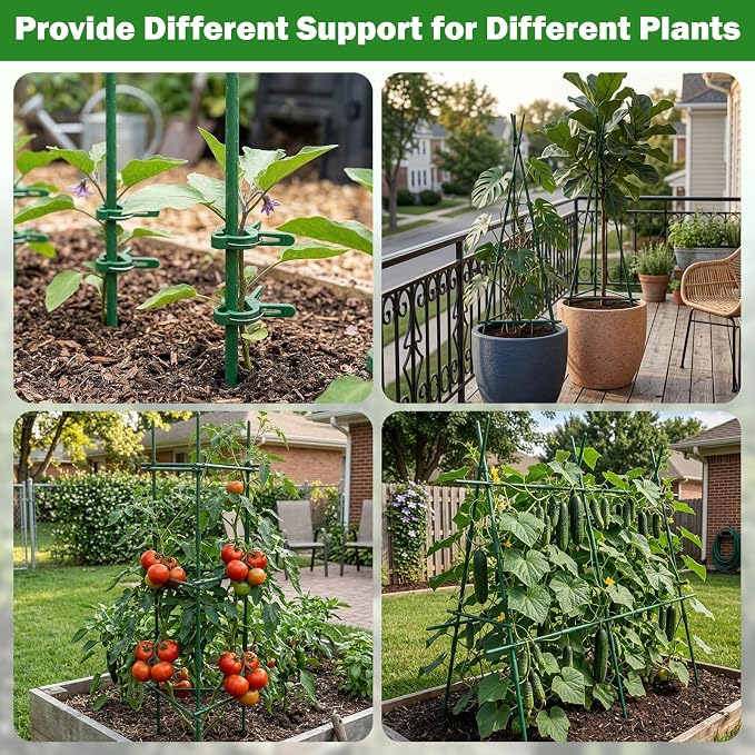 Garden Stakes 20 Pack, 16 Inch Plastic Coated Metal Plant Support Stakes, Sturdy Tomato Stakes with 14 Connectors 14 Rotatable Clips 14 Plant Clips for Indoor Outdoor Vegetables