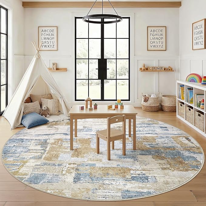 kakania Abstract 10x10 Round Rugs for Living Room: Circle Rugs 10FT Blue | Washable, Soft, Non-Slip, Low-Pile, Pet & Kid Friendly - Large Modern Home Decor Carpet for Bedroom/Dining Room/Nursery