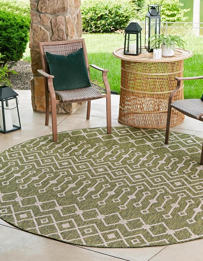 Unique Loom Outdoor Trellis Collection Area Rug - Tribal Trellis (3' 3" Round, Green/ Natural)