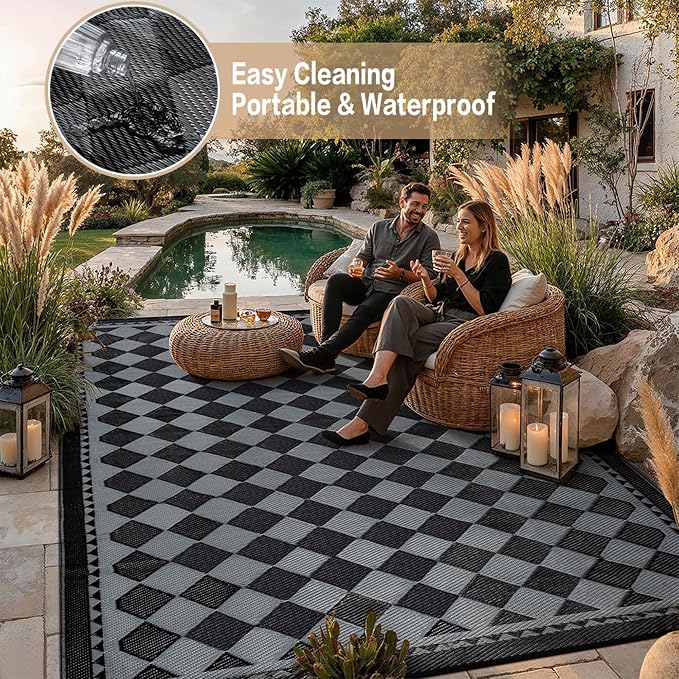 HUGEAR Outdoor Waterproof Rug 6'x9' Plastic Straw Rugs Washable Reversible Floor Mat Black/Grey Plaid Carpet for Camping RV Deck Entryance Porch Picnic Balcony Beach Backyard