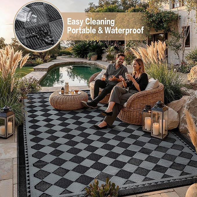 HUGEAR Outdoor Waterproof Rug 9'x12' Plastic Straw Rugs Washable Reversible Floor Mat Black/Grey Plaid Carpet for Camping RV Deck Entryance Porch Picnic Balcony Beach Backyard