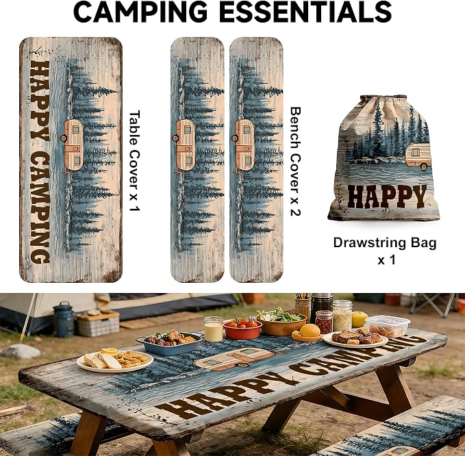 NYZE 3 Pieces Happy Camping Picnic Table Cover with Bench Covers Set, Elastic Edge Camping Tablecloth, Tablecloth Cover with Drawstring Bag, Camping Essentials for Outdoor RV Picnic Travel, Patio, BBQ