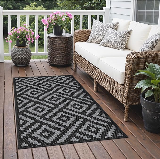 GENIMO Outdoor Rugs 3'x5' Waterproof, Reversible Mats, Outdoor Area Rug, Plastic Outside Carpet, Eeometric Rv Mat for Patio Camping Rv Picnic Backyard Deck Balcony Porch Beach Trailer (Black & Grey)