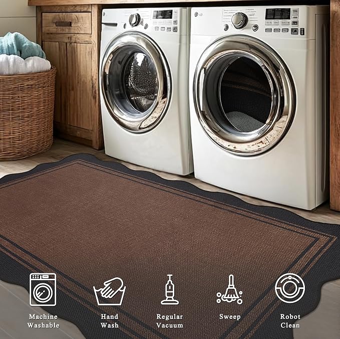 8x10 Scalloped Rug Easy Jute Washable Rug for Living Room Indoor Outdoor Black Brown Geometric Non Slip Carpet for Under Table Neutral Carpet for Backyard Patio Dining Room