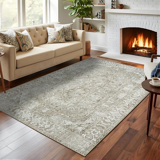 Sacred Artisans Farmhouse 5x7 Area Rug for Living Room, Dining Room and Office | Washable, Non Slip, Pet Friendly and Low Pile (Stone, 5' x 7')