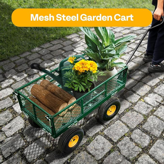 VIVOHOME Heavy Duty 880 Lbs 4.5 Cu Ft Mesh Steel Garden Cart Utility Wagon | Removable Sides and 4.10/3.50-4" Wheels 10 inch Tire(Green)