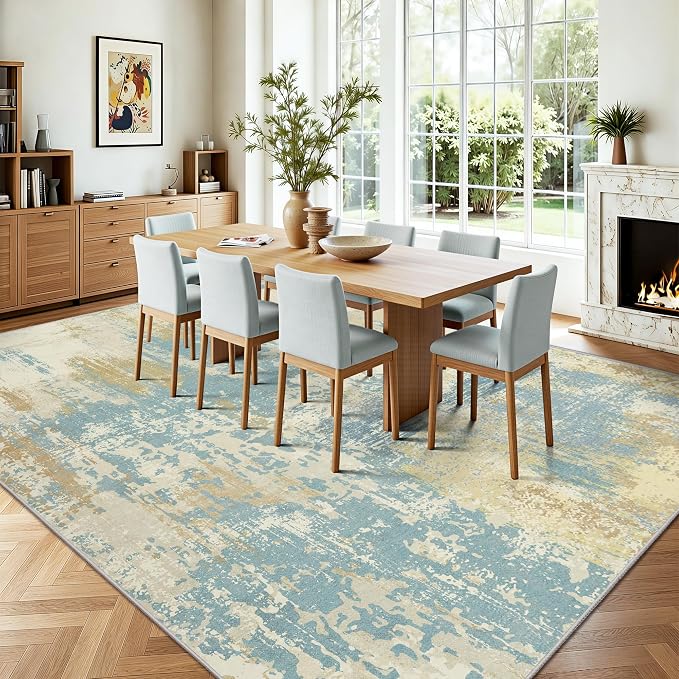 8x10 Rugs for Living Room - Modern Abstract Washable Rug, Ultra Soft Non Slip Low Pile Large Rugs, Floor Carpet for Bedroom Dining Room Office Laundry Nursery Home（Blue&Beige）