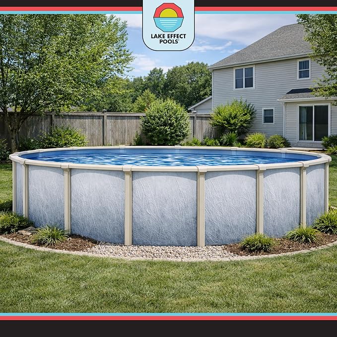 Lake Effect Pools 'Bermuda' 24 ft Round Above Ground Swimming Pool | 48 Inch Walls | 6" Steel Top Ledge | Bundle Includes: 25 Gauge Overlap Liner & Widemouth Skimmer