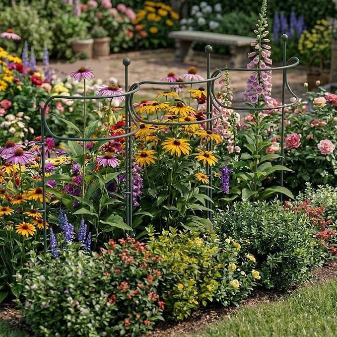6 Pack Curved Plant Support Stakes, Dual Half Round Metal Garden Plant Stake, Peony Cages and Supports, 10"(W) x 34" (H) Flower Support Ring for Peonies, Hydrangea