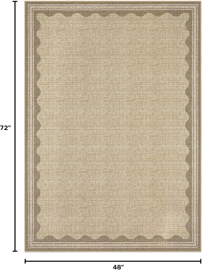 4x6 Scalloped Area Rugs Jute Washable Entryway Bedroom Rug | Solid Tan Rug for Bedroom Girls, Non Slip Throw Carpet With Rubber Back, Soft Dorm Nursery Scalloped Rugs for Dining Room