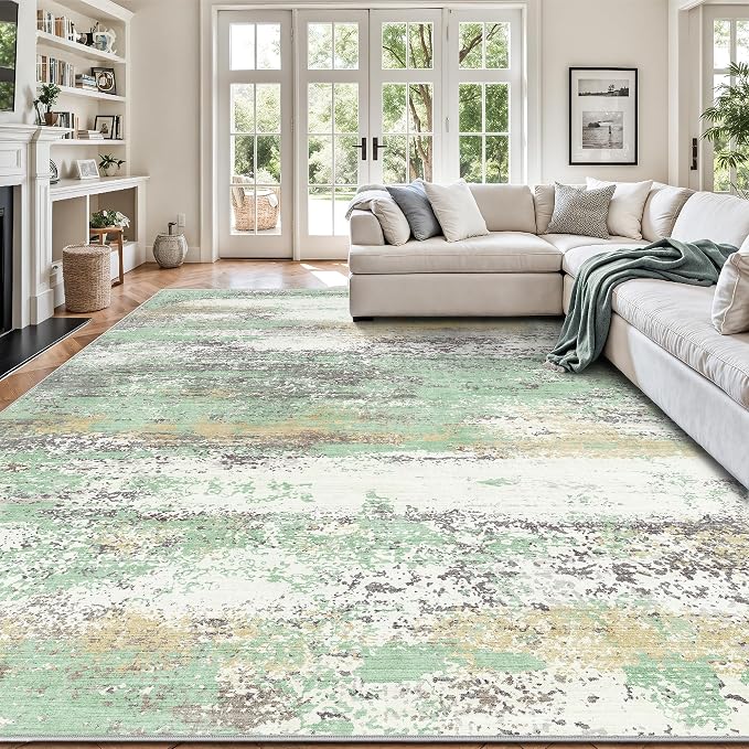 8x10 Area Rugs, Abstract Modern Ultra Soft Washable Rug, Non Slip Carpet with Rubber Back Stain Resistance Rugs for Living Room, Bedroom, Dining Room Decor(Light Green/Cream)
