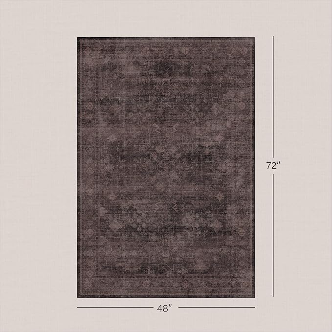 Farmhouse 4x6 Dark Taupe Brown Area Rug for Living Room, Kitchen, Entryway & Bedroom, Washable Boho Vintage Carpet with Distressed Geometric Pattern, Low Pile, Slip-Resistant, Stain Resistant