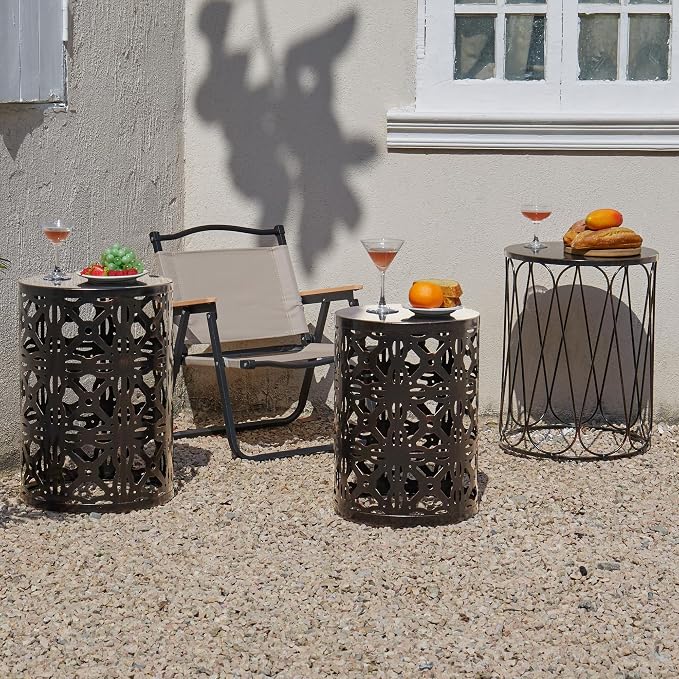 Y&M Outdoor Side Tables Set of 3, Round Metal Stacking Patio Side Tables, Indoor & Outdoor End Tables, Decorative Garden Stool Plant Stand for Patio, Garden, Balcony, Porch, Black with Bronze