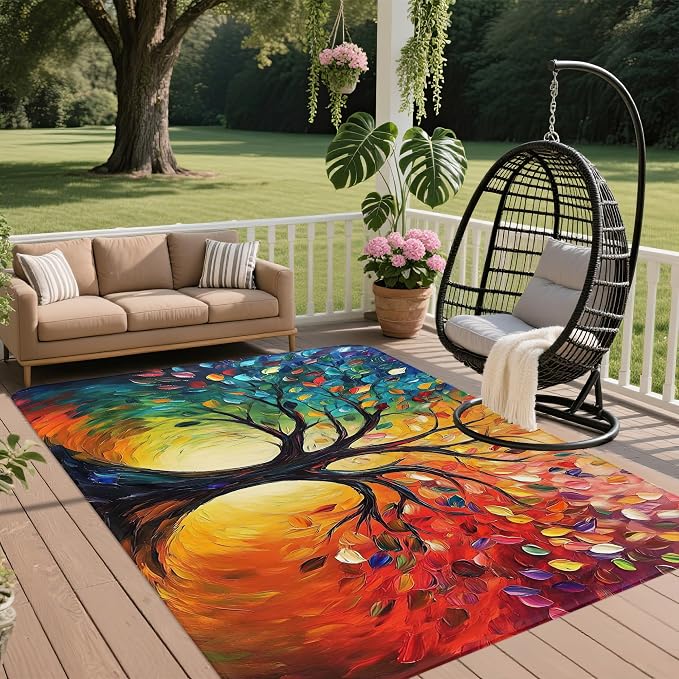 Tree of Life Washable Area Rugs 5x7,Colorful Abstract Leaves Area Rug for Living Room Bedroom,Indoor Non-Slip Large Throw Carpet for Kitchen Entryway Bathroom Office