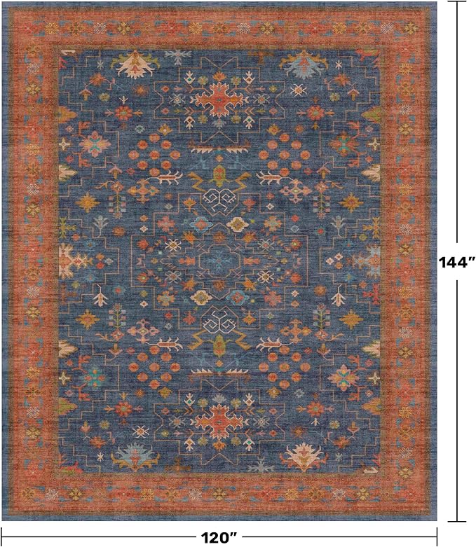 Boho Navy Blue 10x12 Area Rug for Living Room, Extra Large Dining Room Rugs for Under Table, Soft Low Pile Carpet for Bedroom - Vintage Floral Rug, Non-Slip, Lightweight & Stain Resistance
