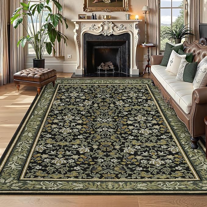 GarveeHome 9x12 Area Rugs for Living Room: Washable Bedroom Rug Green Black | Boho Vintage Non Slip Soft Low Pile Stain Resistant Indoor Carpet for Farmhouse Dining Room Nursery Home Office