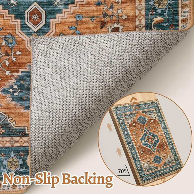 Tangsoo Vintage 2x6 Washable Runner Rugs for Hallways, Non Slip Rug Runner | Oriental Soft Low Pile Long Rug, Boho Carpet Runners for Kitchen Bedroom Entryway Bathroom Living Room Home Decor Orange/Blue