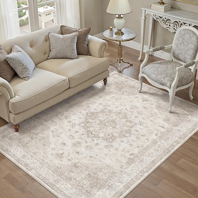 Beige 5x7 Washable Area Rug Vintage Oriental Medallion Carpet | Soft Low Pile, Non Slip, Stain Resistant, Large, Neutral Retro Decor for Living Room, Bedroom, Dining Room, Kids Room