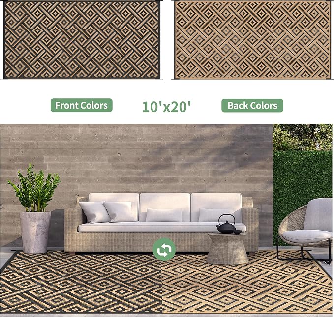 GENIMO Outdoor Rug Waterproof, 10' x 20' Reversible Plastic Straw Rugs, Lightweight Large RV Camping Mat for Patio, Deck, Camper, Balcony, Backyard, Picnic, Black & Brown