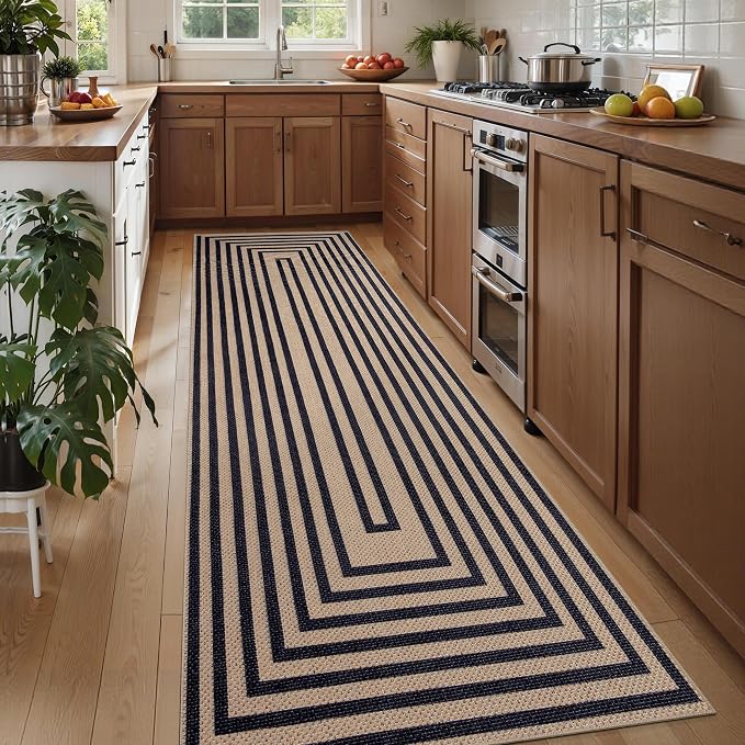 Tangsoo Easy Jute Rug 2.6x10 Washable Runner Rug for Hallways,Non-Slip Black Geometric Thin Indoor Outdoor Rug,Modern Farmhouse Carpet Runner for Kitchen Laundry Bedroom Entryway Porch