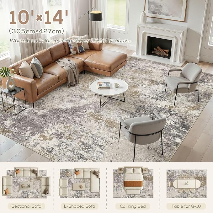 Nakagishi 10X14 Abstract Washable Area Rugs for Living Room-Brown Grey | Modern Non-Slip Silicone Backing Low Pile Soft Carpet for Bedroom Dining Decor for Families with Kids and Pets