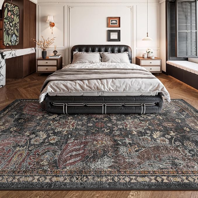 RUGIXE Washable 8x10 Area Rug, Vintage Persian-Style Floral Living Room Rug | Distressed Oriental Design, Non-Slip Backing, Soft Low-Pile Feel, Bedroom & Office Rug, Traditional & Transitional Home Decor
