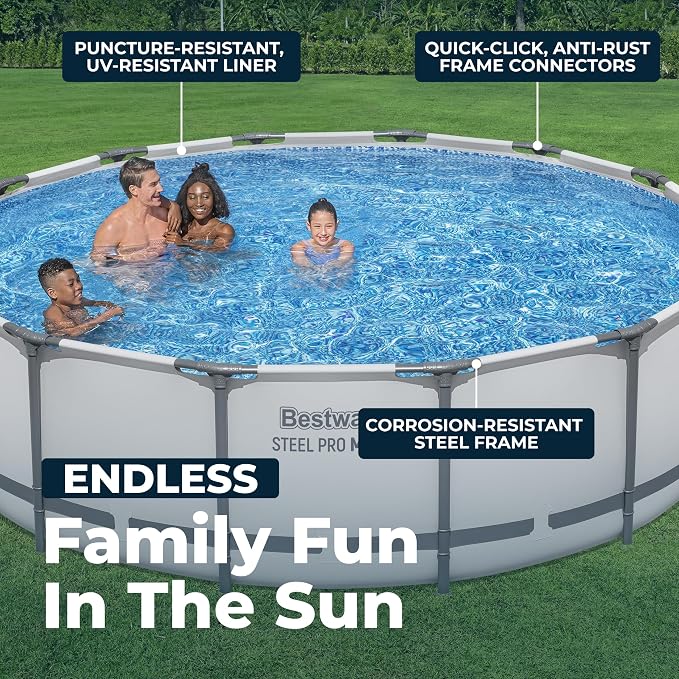 Bestway Steel Pro MAX 14' x 42" Above Ground Swimming Pool Set with Pump | Durable Round Metal Frame Outdoor Backyard Pool, Puncture-Resistant Liner - Ladder and Cover Included, Gray