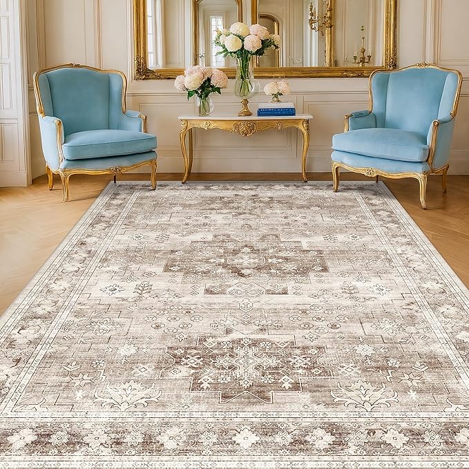 Washable Neutral Farmhouse Living Room Rug, 5x7 Area Rugs for Bedroom, Nursery Room, Boho Vintage Floral Non-Slip Rug Low Pile Stain Resistant (5x7 Beige/Latte)