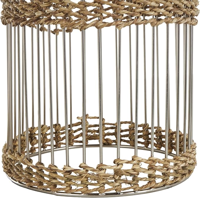 Deco 79 Metal Indoor Planter Textured Dome Large Planter Pot with Woven Seagrass and Caged Rod Pedestal Base, Set of 3 Planters 32", 27", 24" H, Silver
