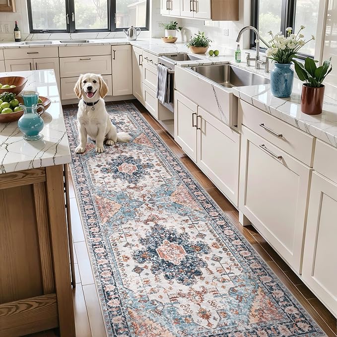 Tangsoo 3x8 Washable Runner Rugs for Hallway, Long Runner Rugs Non Slip | Oriental Soft Low Pile Rug Runner, Vintage Indoor 8ft Carpet Runners for Kitchen Bedroom Entryway Living Room Blue/Orange