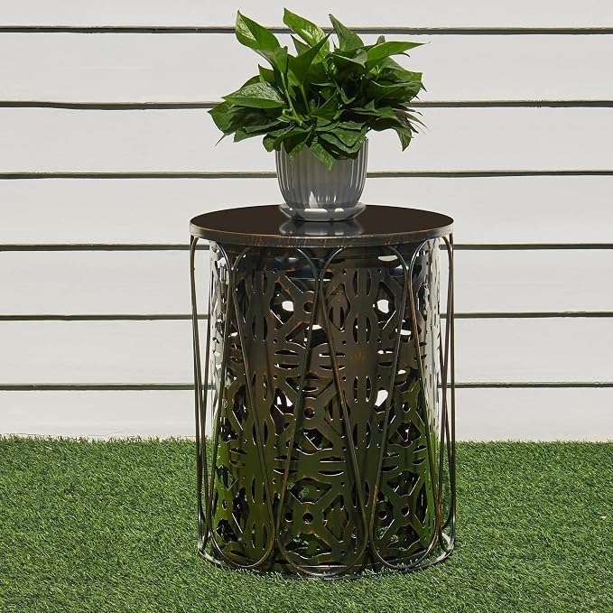 Y&M Outdoor Side Tables Set of 3, Round Metal Stacking Patio Side Tables, Indoor & Outdoor End Tables, Decorative Garden Stool Plant Stand for Patio, Garden, Balcony, Porch, Black with Bronze