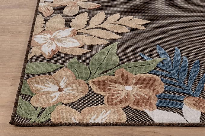 Outdoor Rug 9x12 Washable Area Rugs Indoor Outdoor Carpets Brown Border Floral Non Shedding Waterproof Easy Clean Patio Deck Porch Living Room Bedroom Garden RV (9 X 12 Brown)