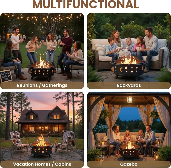 Fire Pit - 32-Inch Outdoor Wood Burning Firepit with Screen, Poker, and Cover - Outdoor Fire Pits for Backyard, Deck, or Patio by Pure Garden (Black)
