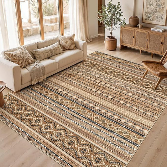 cotiled Boho 7x9 Area Rug for Living Room: Large Moroccan Washable Rug | Solve Modern Neutral Trendy Home Decor - Stain Resistan Indoor Carpet for Bedroom Dining Room Brown Beige