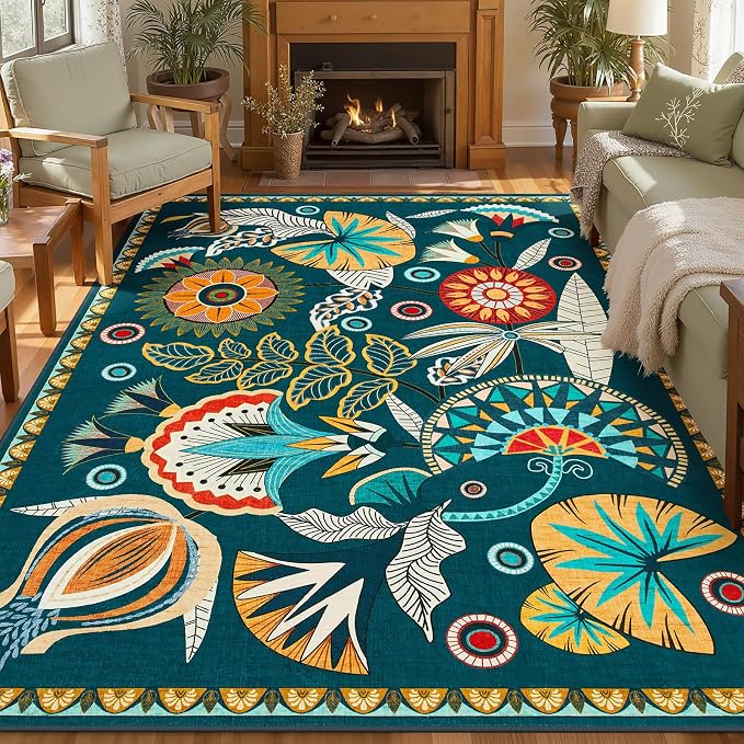 Joydeco Egypt Floral Washable Living Room Rugs 9x12, Dark Green Large Boho Bedroom Dining Room Rug Non Slip, Vintage Low Plie Indoor Throw Rug for Dining Room Nursery Dorm Classroom