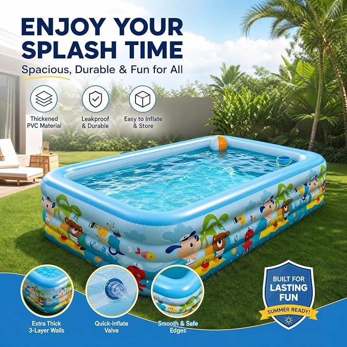 Heavy Duty 4-Ring Inflatable Family Pool 118x69x26 Inches Blow Up Swimming Pool for Backyard Garden Summer Water Party