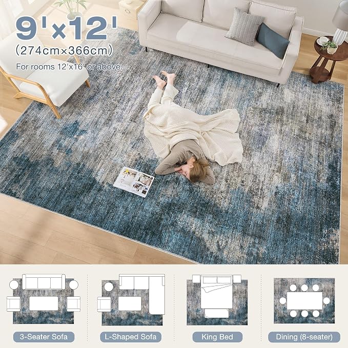 DMOYEST 9x12 Area Rug for Living Room Washable Abstract Indoor Carpet | Neutral Modern Low Pile Rugs Kid & Pet Friendly Large Soft Thin Carpet for Bedroom Dining Room - Dark Grey Blue