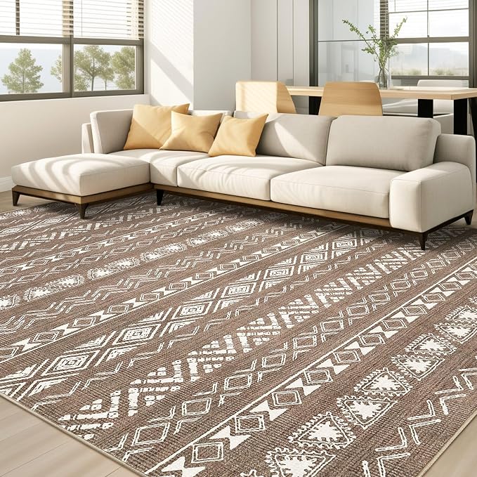 kakania Washable 9x12 Area Rug for Living Room: Boho Geometry Home Decor | Soft Stain Resistant, Low-Pile, Non-Slip, Pet & Kid Friendly, Thin Rug for Bedroom/Dining Room/Kids Dorm - Dark Brown