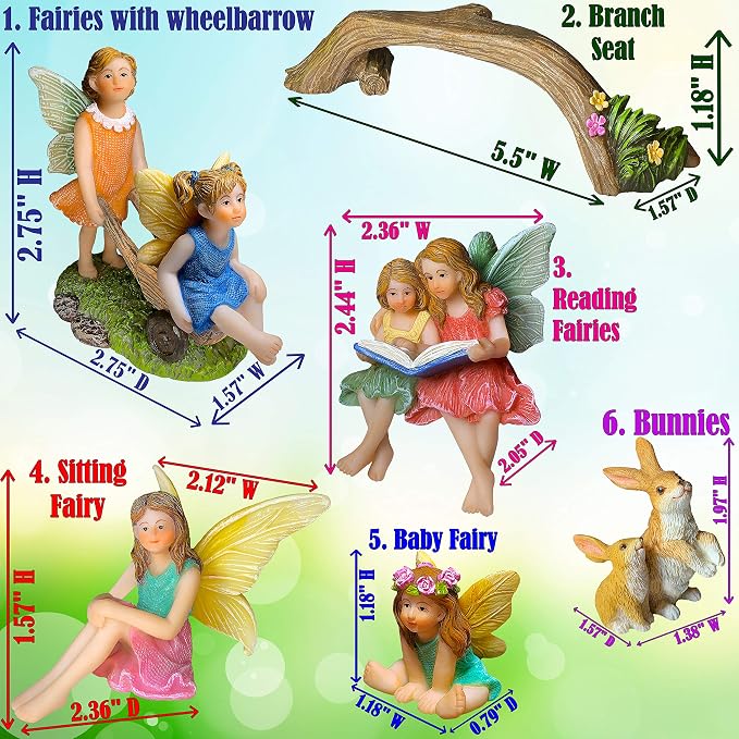 Mood Lab Fairy Garden Figurines - Fairy Statue Set (6 pcs) - Miniature Decorative Statues & Accessories - Outdoor & Indoor Garden Decor