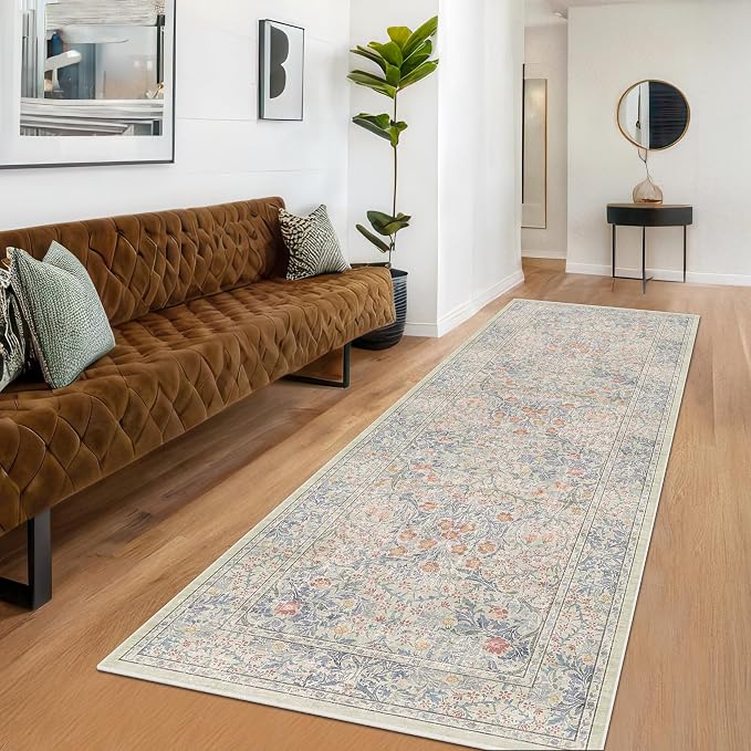 Boho 3x16 Wide Hallway Runner - Beige Blue and Purple, Washable Low Pile Non Slip Stain Resistant 16ft Runner Rug for Long Kitchen, Hall Way, Floral Forest Decor