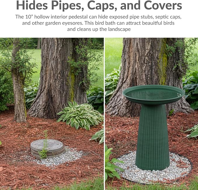 Sunnydaze Gleeful Garden 23" Iron Pedestal Bird Bath for Outside - Modern Shallow Basin Birdbath for Outdoors with UV-Protected Rust-Resistant Finish for Patio, Garden, Yard Decor - Matte Green